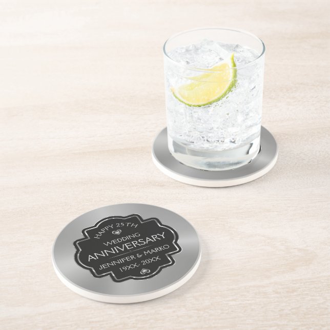 Personalisiertes Gold & Black 25. Hochzeitstag Getränkeuntersetzer (Seite)