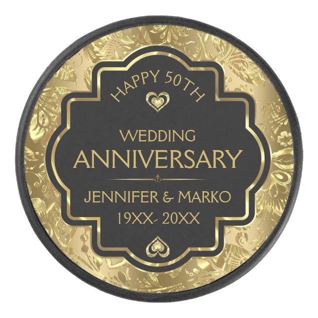 Personalisiertes Gold & Black 50 Jahre Hochzeit Eishockey Puck (Vorderseite)