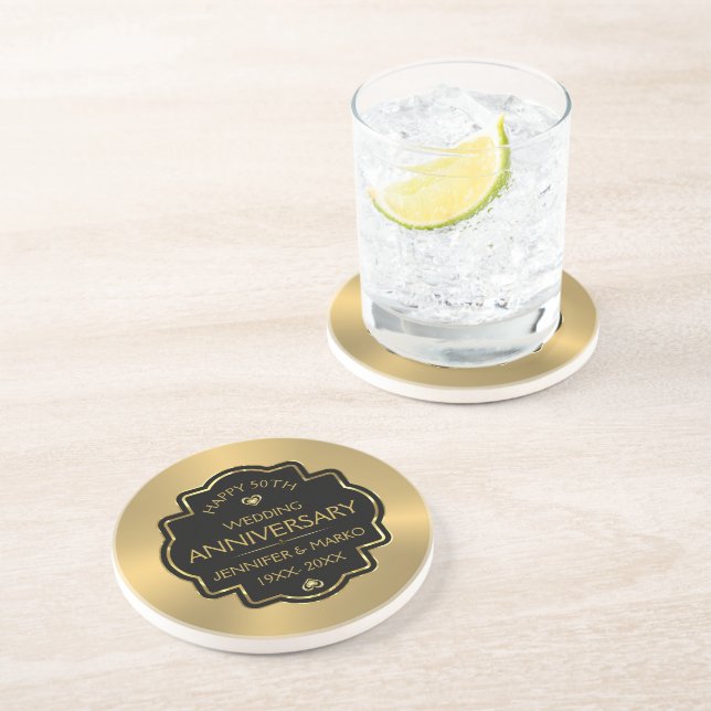 Personalisiertes Gold & Black 50 Jahre Hochzeit Getränkeuntersetzer (Seite)