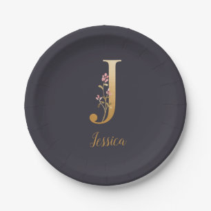 Personalisiertes Gold Blau Elegantes Florales Mono Pappteller