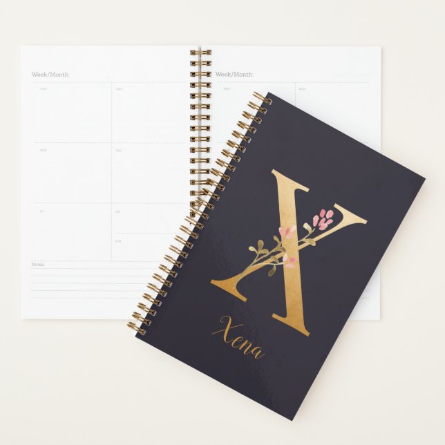Personalisiertes Gold Blue Elegant Floral Monogram Planer (Anzeige)