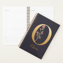 Personalisiertes Gold Blue Elegant Floral Monogram