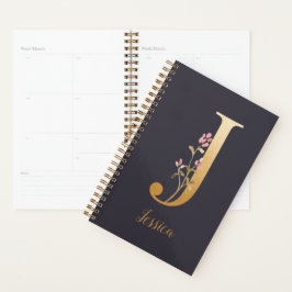 Personalisiertes Gold Blue Elegant Floral Monogram Planer