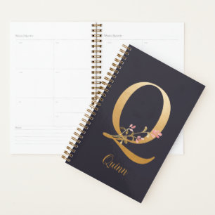 Personalisiertes Gold Blue Elegant Floral Monogram Planer