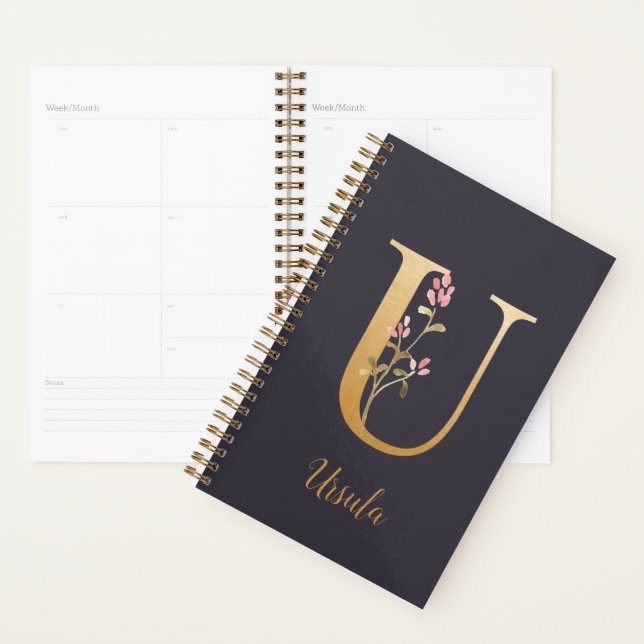 Personalisiertes Gold Blue Elegant Floral Monogram Planer (Anzeige)