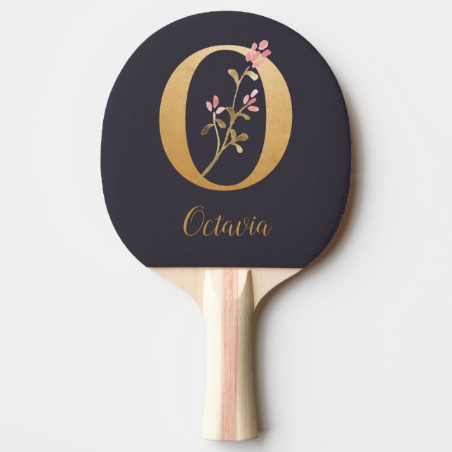 Personalisiertes Gold Blue Elegant Floral Monogram Tischtennis Schläger (Vorderseite)