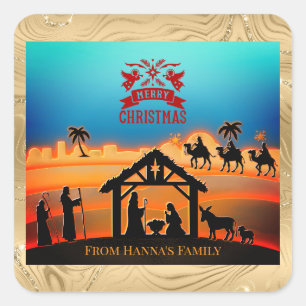 Personalisiertes Gold-Christgeburt "Frohe Weihnach Quadratischer Aufkleber
