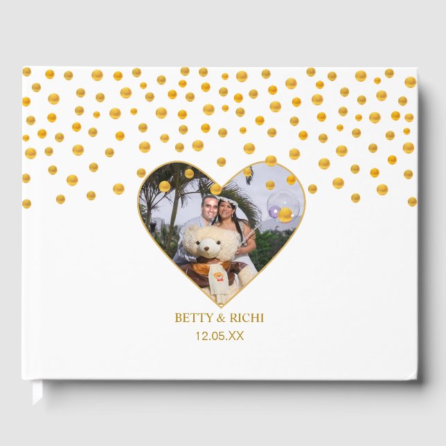 Personalisiertes Gold Confetti auf Weiß Gästebuch (Vorderseite)