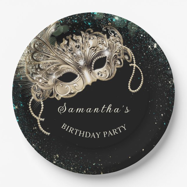 Personalisiertes Gold Emerald Green Masquerade Par Pappteller (Vorderseite)