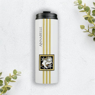 Personalisiertes Gold-Glitter Schwarz-Weiß-Eislauf Thermosbecher