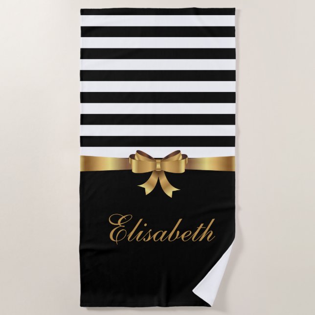 Personalisiertes Gold, schwarze mutige Streifen Strandtuch (Vorderseite)