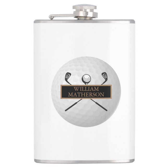 Personalisiertes Gold und Black Golf Ball Classic Flachmann (Vorderseite)