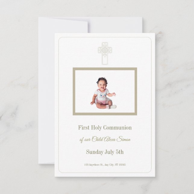 Personalisiertes Gold und Weiß Erste Heilige Kommu RSVP Karte (Vorderseite)