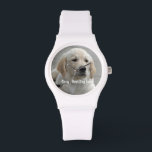 Personalisiertes Golden Retriever Hund Foto und Na Armbanduhr<br><div class="desc">Personalisieren Sie diesen Sake mit dem Foto und dem Namen Ihres Hundes oder Welpen (oder dem Foto/Namen eines anderen Hauses oder einer Person). Im Text steht "Bester Hund je" oder fügen Sie Ihren eigenen Text hinzu - Wir Liebe Daisy (Hundenname), Hundefest oder Tag der Abreise. Klicken Sie einfach auf "Anpassen",...</div>