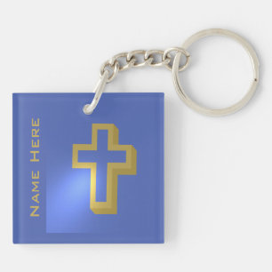Personalisiertes goldenes christliches Kreuz in Bl Schlüsselanhänger
