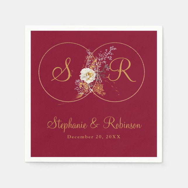 Personalisiertes Goldmonogramm auf Burgundy-Hochze Serviette (Vorderseite)