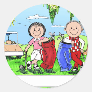 Personalisiertes Golf Couple Cartoon - Karikatur Runder Aufkleber