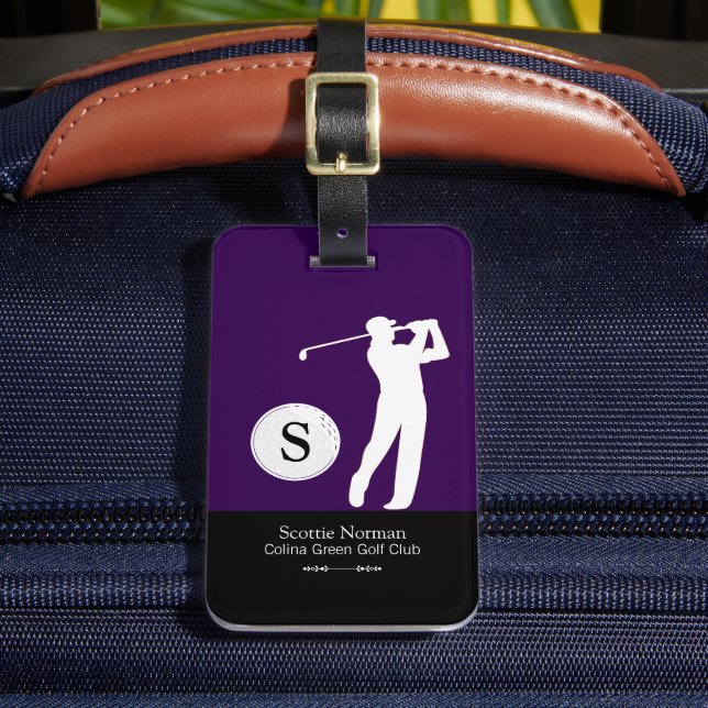 Personalisiertes Golfer Monogramm Lila Gepäckanhänger (Vorderseite Insitu 2)