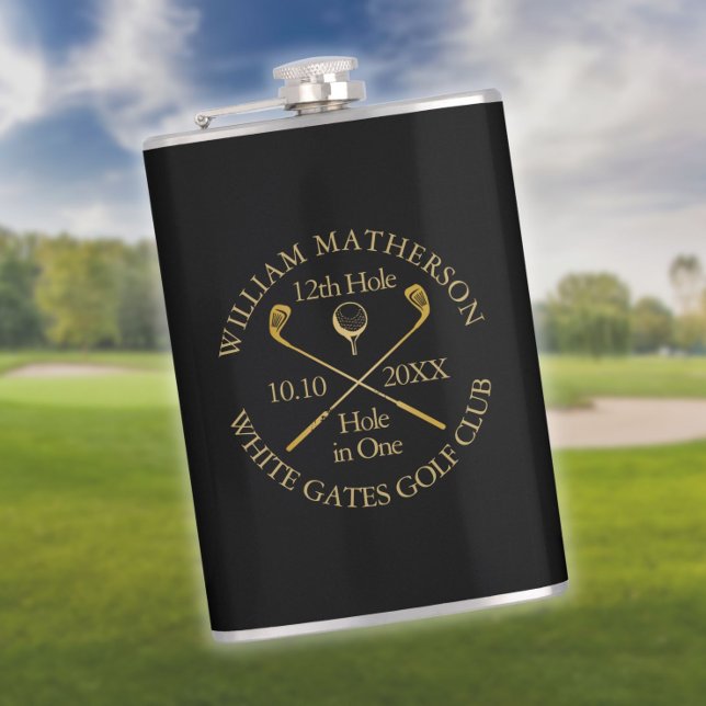 Personalisiertes Golfloch in Schwarz und Gold Flachmann (Personalized Golf Hole in One Black And Gold Flask)