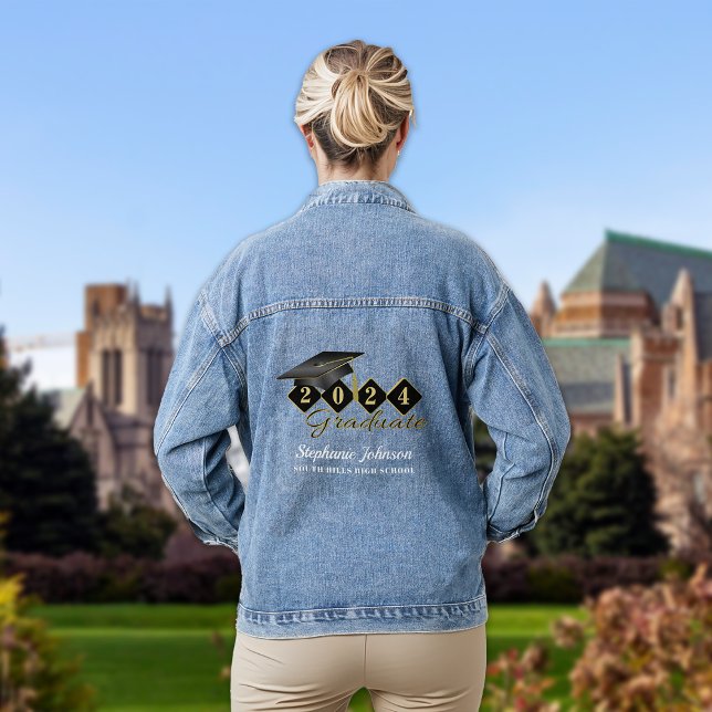Personalisiertes Graduierungsoberteil Schwarzes Go Jeansjacke (Personalized Graduation Cap Black Gold Denim Jacket)