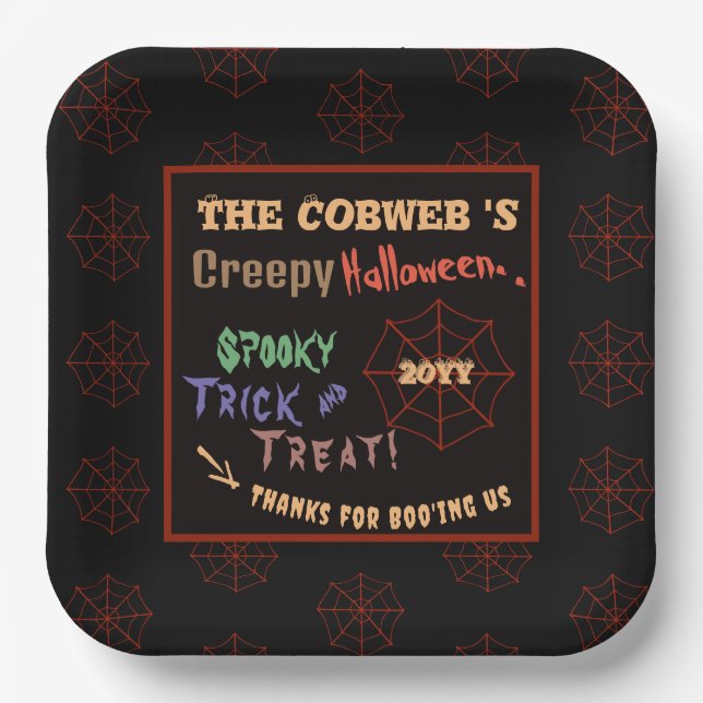 Personalisiertes, grauenhaftes Halloween-Spinnenne Pappteller (Vorderseite)