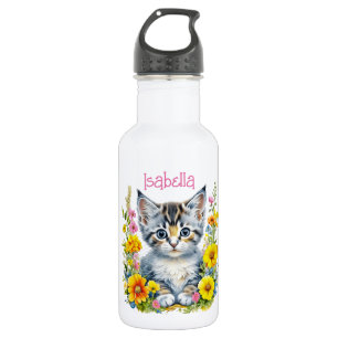 Personalisiertes graues Kätzchen und Blumen Aquare Edelstahlflasche