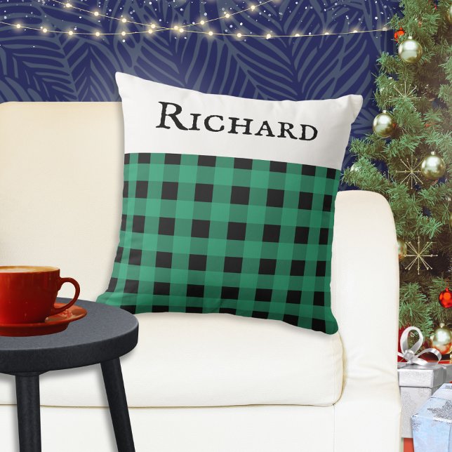 Personalisiertes Green Buffalo Kariert Karo Muster Kissen (A personalized throw pillow cushion, with green buffalo check plaid pattern. Ideal Xmas gift.)