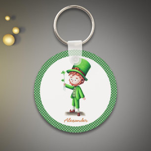 Personalisiertes Grün mit Punkten-Leprechaun Schlüsselanhänger