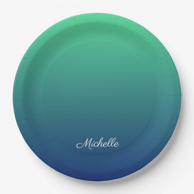 Personalisiertes Grün und blaues Ober Pappteller (Vorderseite)