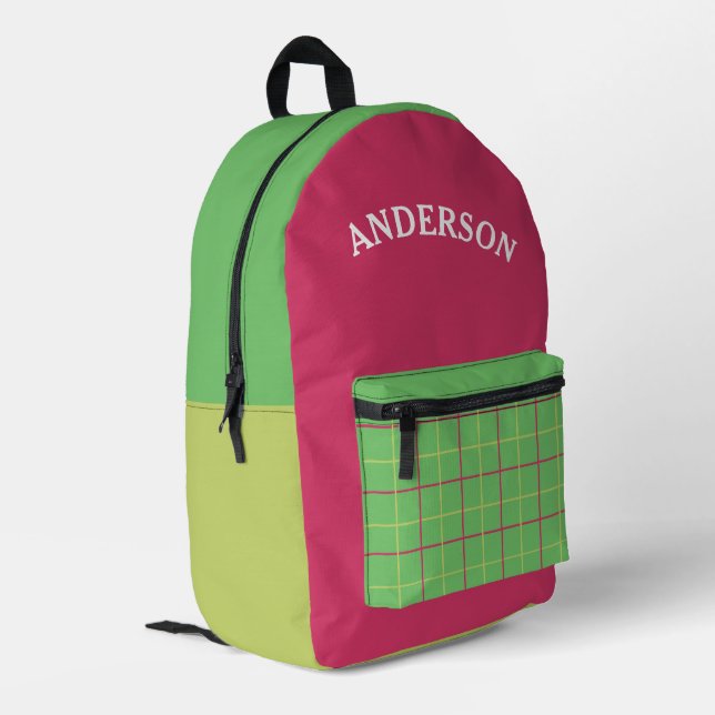 Personalisiertes Grün und Rosa Gingham Kariertes M Bedruckter Rucksack (Rückseitige Ecke links)