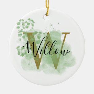 Personalisiertes grünes Aquarell & Florales Initia Keramik Ornament