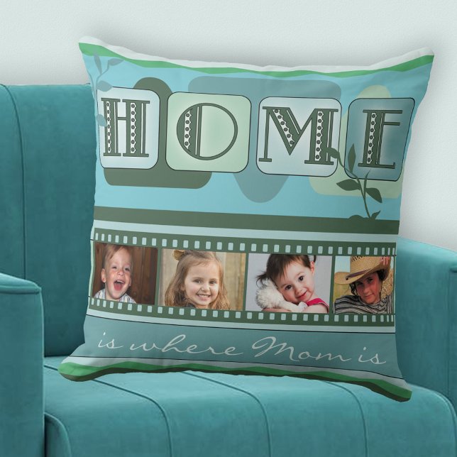 Personalisiertes, grünes Foto Kissen (A modern teal green pillow with a "Home is ..." theme with your own photos - Mother's Day - birthday)