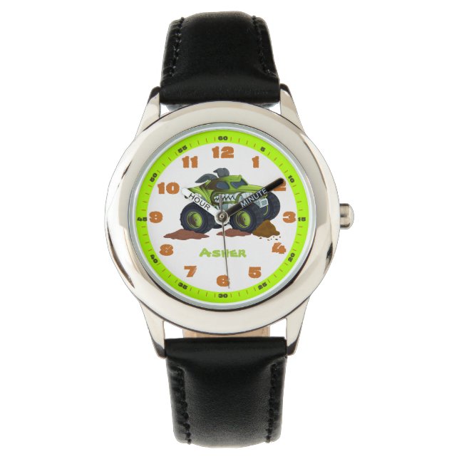Personalisiertes grünes Monster LKW Erziehung Armbanduhr (Vorderseite)