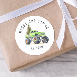 Personalisiertes grünes Monster Truck Weihnachtsge Runder Aufkleber