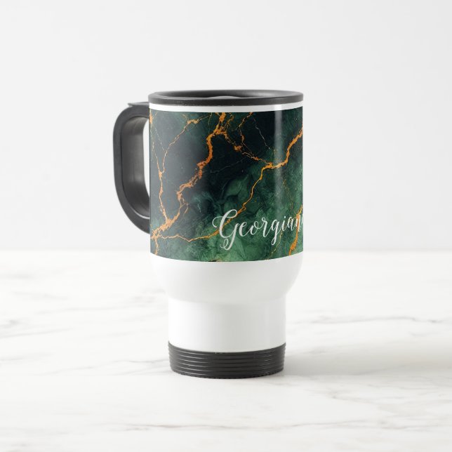 Personalisiertes Grünes und goldenes Waldmarmor Reisebecher (Vorderseite Links)