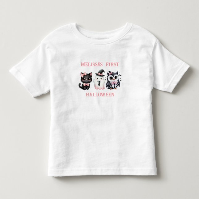 Personalisiertes Halloween Cat, Ghost und Owl Kleinkind T-shirt (Vorderseite)