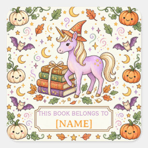 Personalisiertes Halloween-Einhorn-Exlibris für Ki Quadratischer Aufkleber