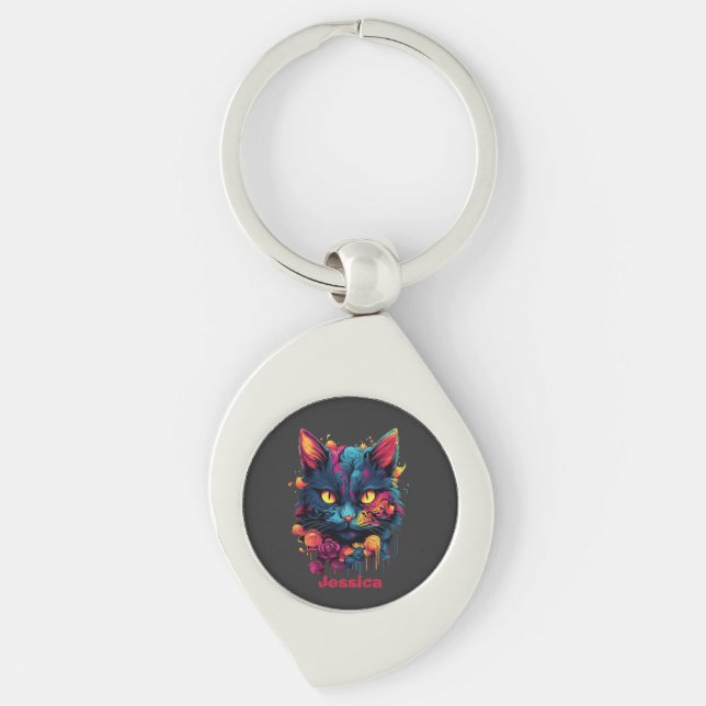 Personalisiertes Halloween/Hexe/Zauberer/Goth Cat Schlüsselanhänger (Vorderseite)