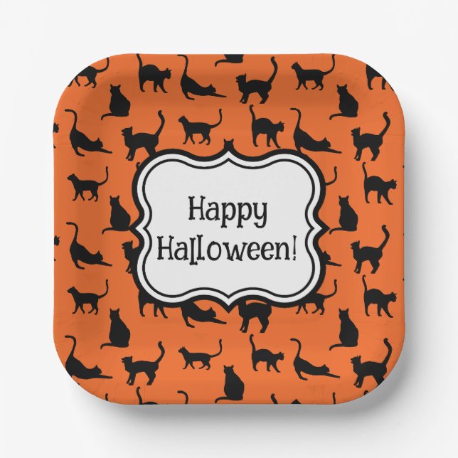Personalisiertes Halloween-Party Orange Black Cat Pappteller (Vorderseite)