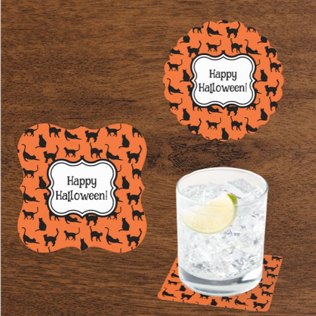 Personalisiertes Halloween-Party Orange Black Cat Untersetzer (Personalize with your own message coasters)