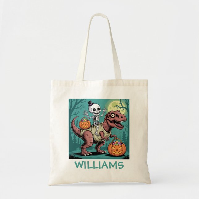 Personalisiertes Halloween Skeleton Riding Dinosau Tragetasche (Vorne)