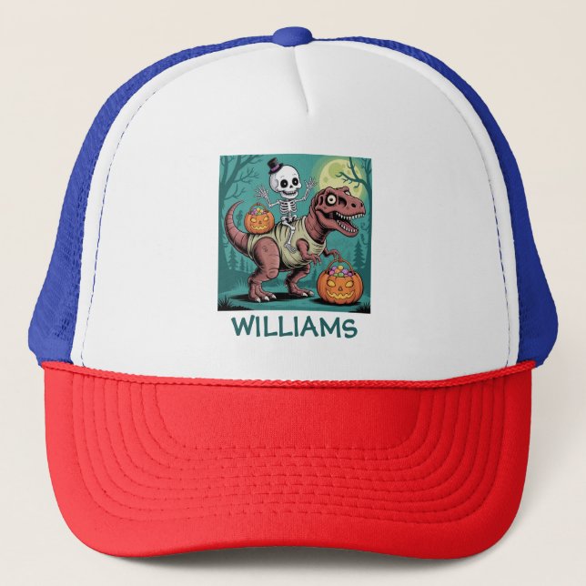 Personalisiertes Halloween Skeleton Riding Dinosau Truckerkappe (Vorderseite)