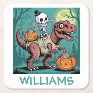 Personalisiertes Halloween-Skelett auf Dinosaurier Rechteckiger Pappuntersetzer