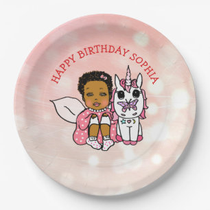 Personalisiertes Happy Birthday Fee und Einhorn Pappteller