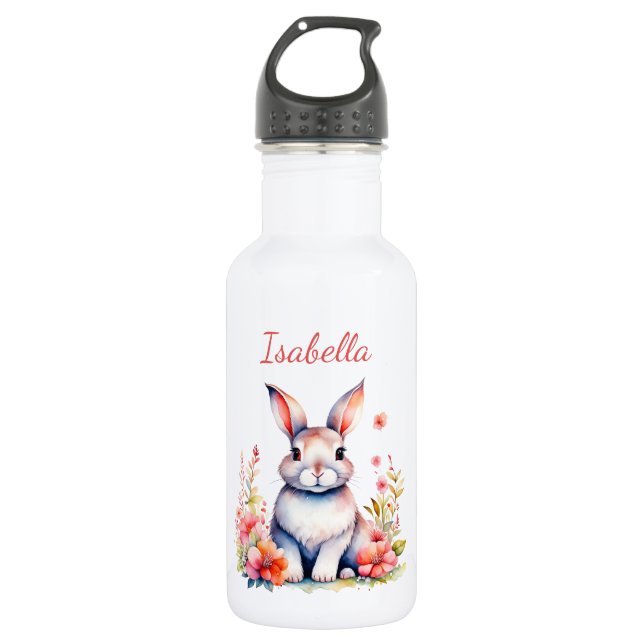 Personalisiertes Hasen in rosa Blume Edelstahlflasche (Vorderseite)
