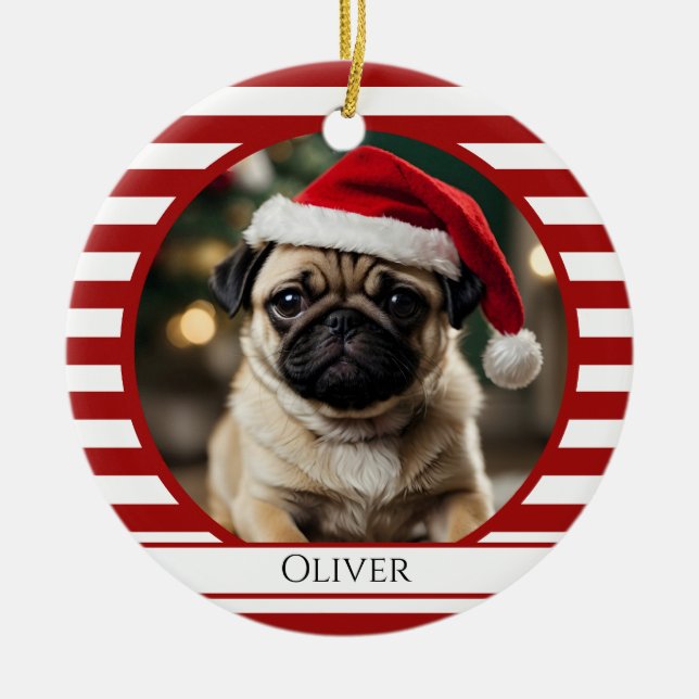 Personalisiertes Haustier Foto Candy Cane Rote Str Keramik Ornament (Vorne)