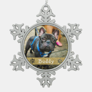 Personalisiertes Haustier-HundeFoto Schneeflocken Zinn-Ornament