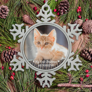 Personalisiertes Haustier Kitten Foto Katze Erste  Schneeflocken Zinn-Ornament