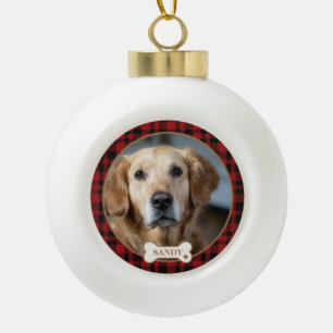 Personalisiertes Haustierfoto Rot kariertes Weihna Keramik Kugel-Ornament