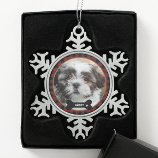 Personalisiertes Haustierfoto Rotkariertes Elegant Schneeflocken Zinn-Ornament